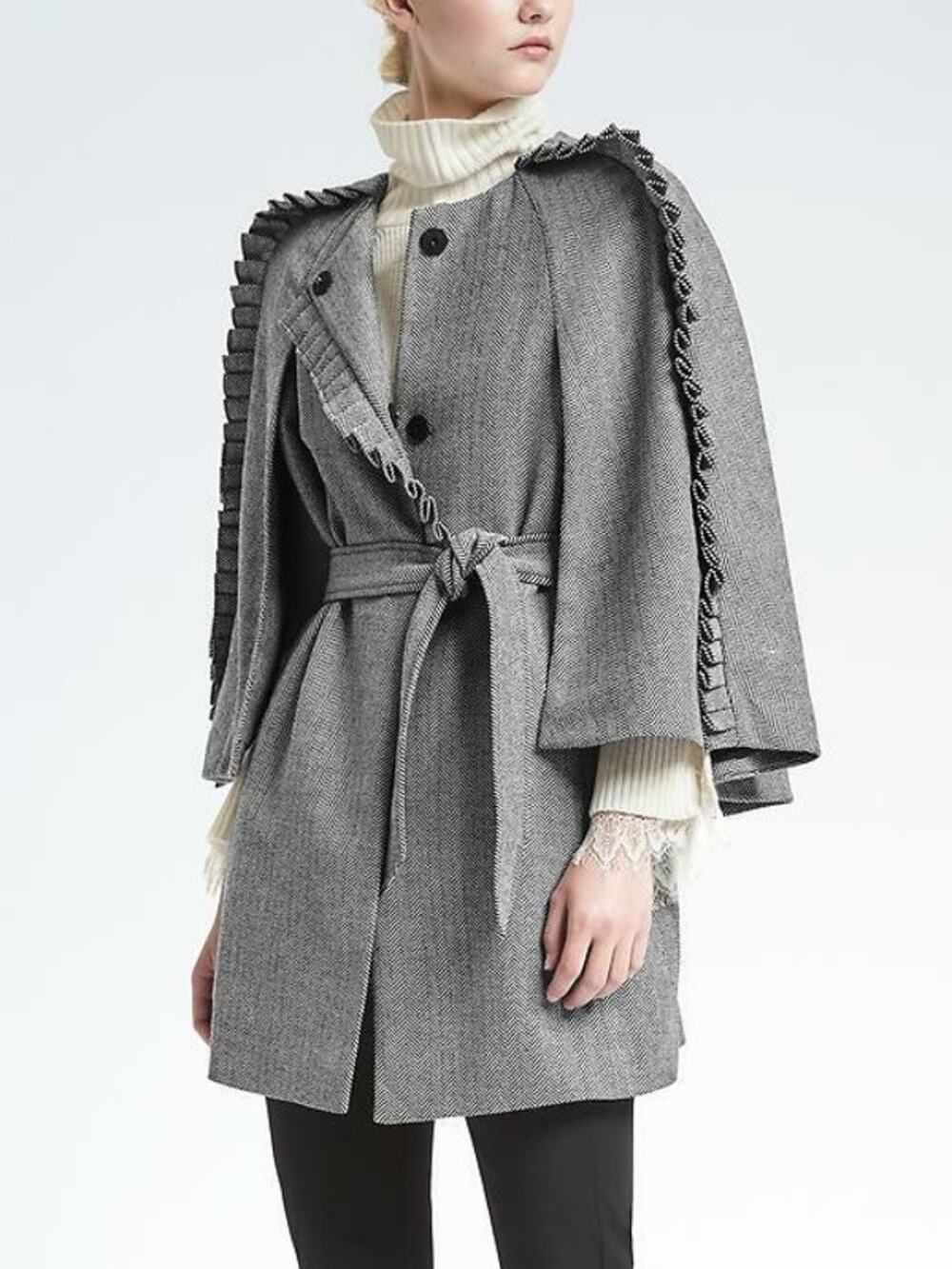 Banana Republic Olivia Palermo Gray Herringbone Ruffle Cape Sz Small